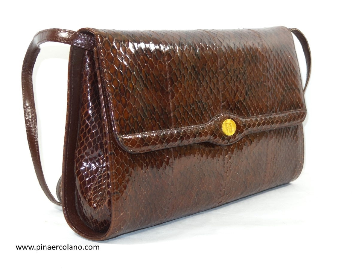 Borsa a tracolla piccola in pitone con patta anni '90 - marrone