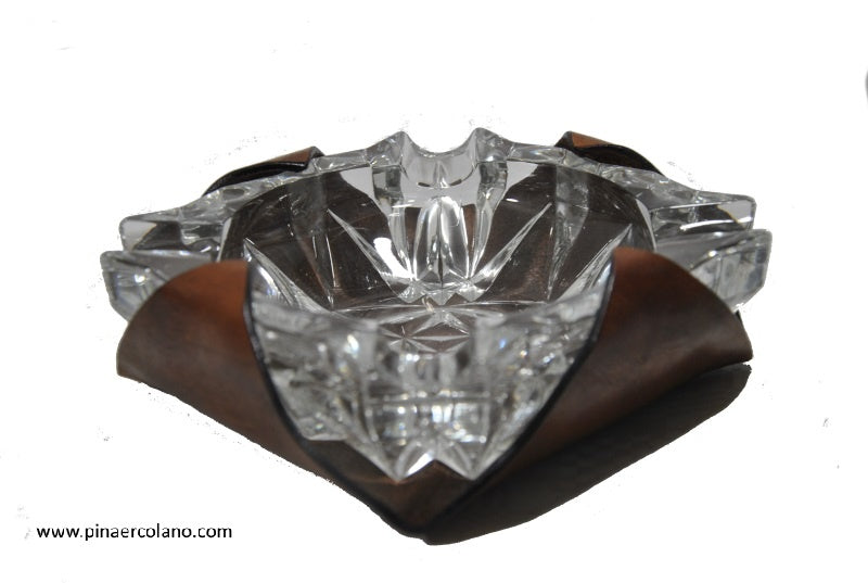 Posacenere quadrato medio di cristallo con base supporto in cuoio massello