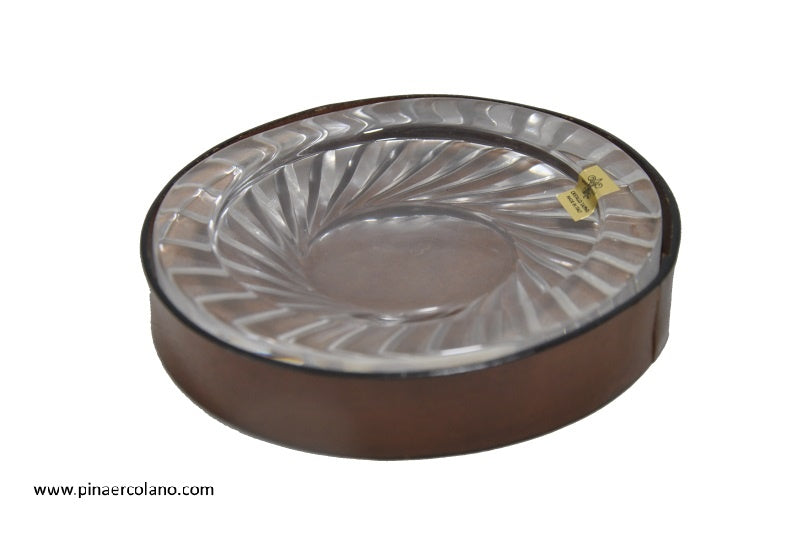 Posacenere rotondo grande di cristallo con base di supporto in cuoio massello