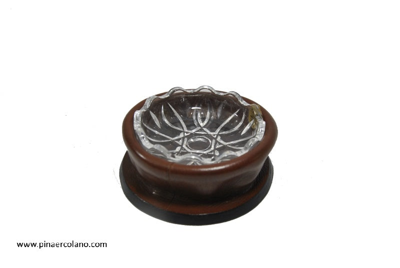 Posacenere piccolo rotondo di cristallo con base supporto in cuoio massello