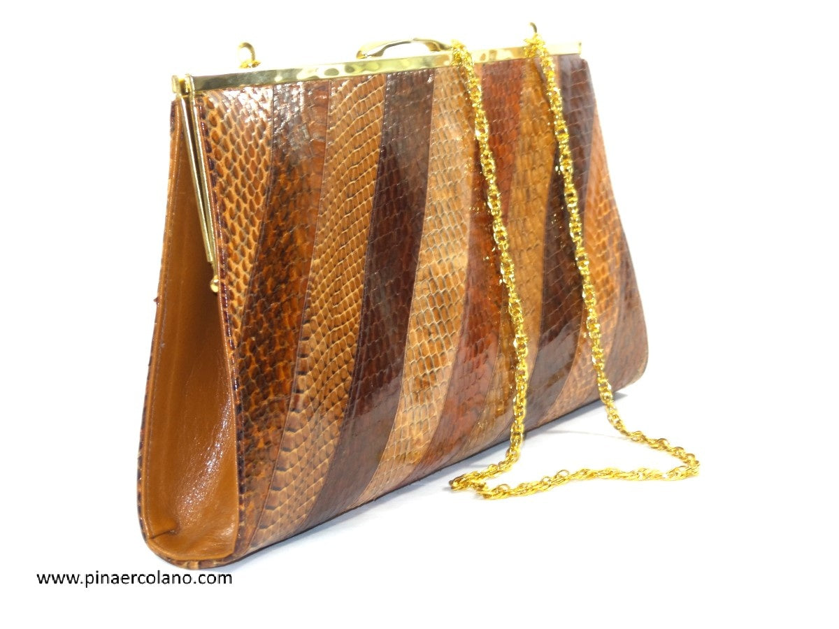 Pochette Clutch Busta a mano in pelle di vero serpente con catenina color oro anni '90