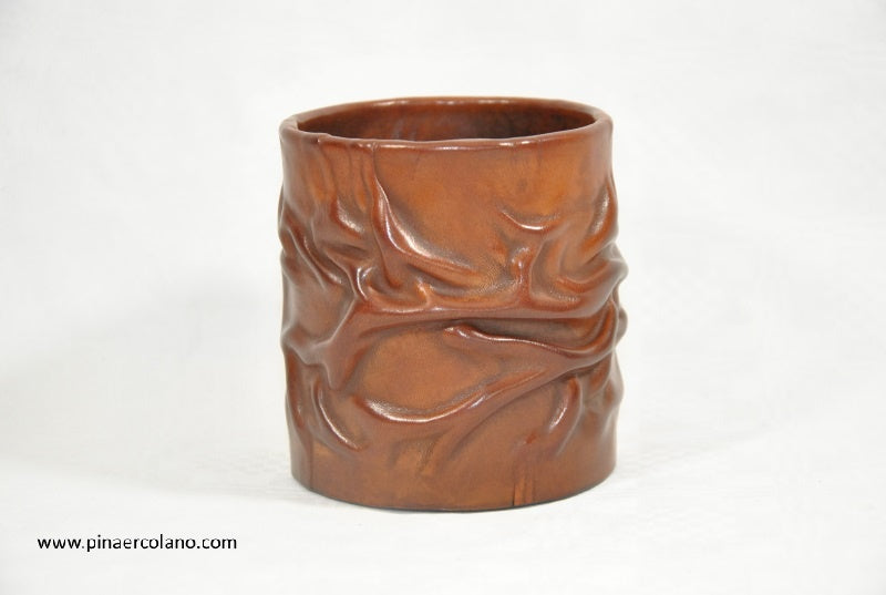 Bicchiere porta penne da scrivania ufficio o casa in cuoio massello Kangaroo marrone