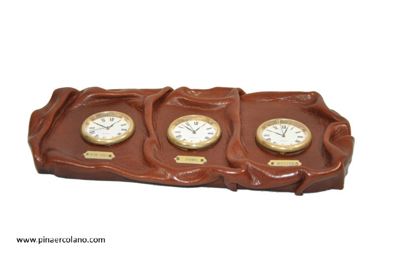 Orologio da tavolo 3 time zone in cuoio ondulato massello Kangaroo