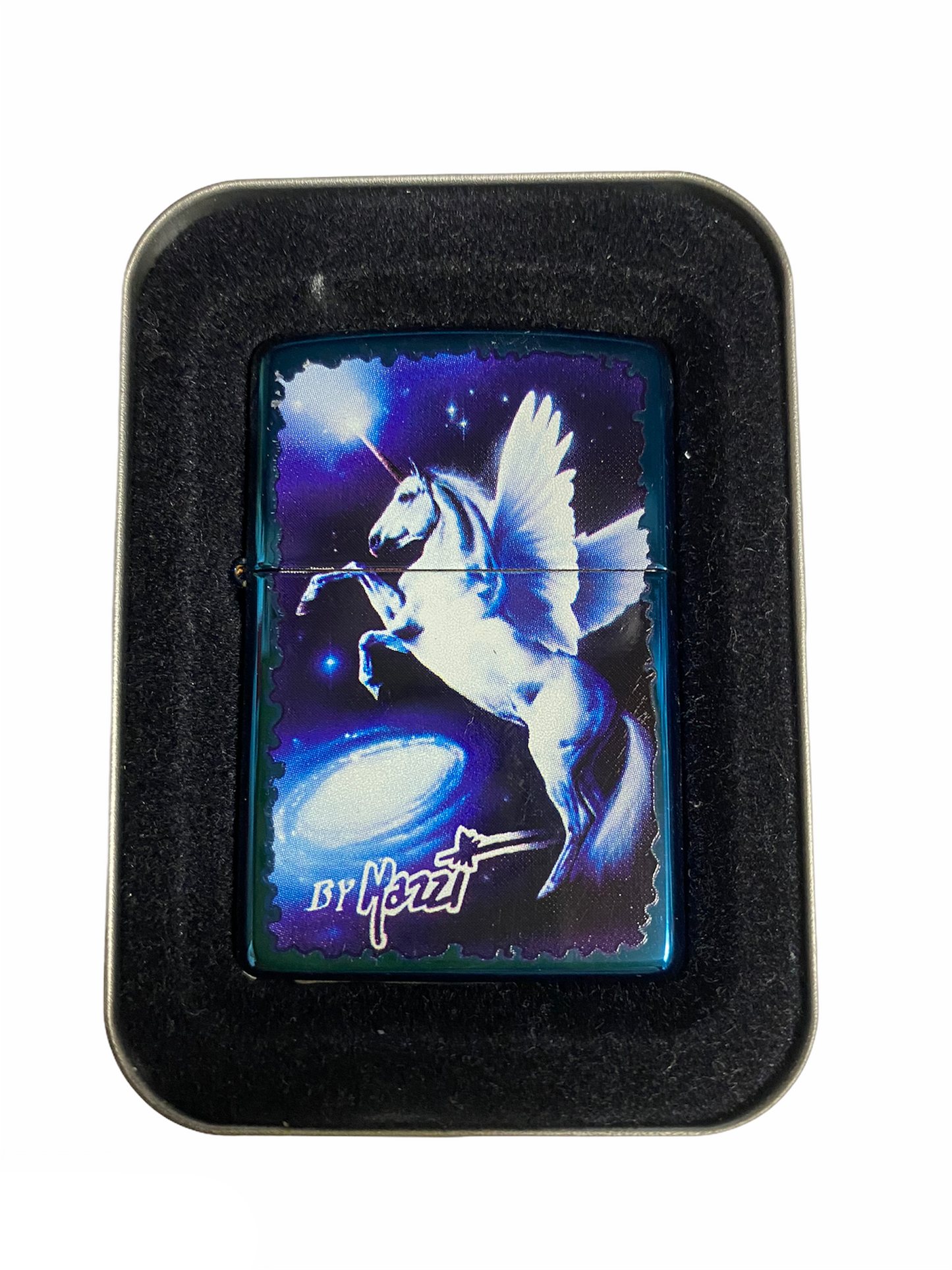 Accendino zippo originale blu con unicorno bianco e
