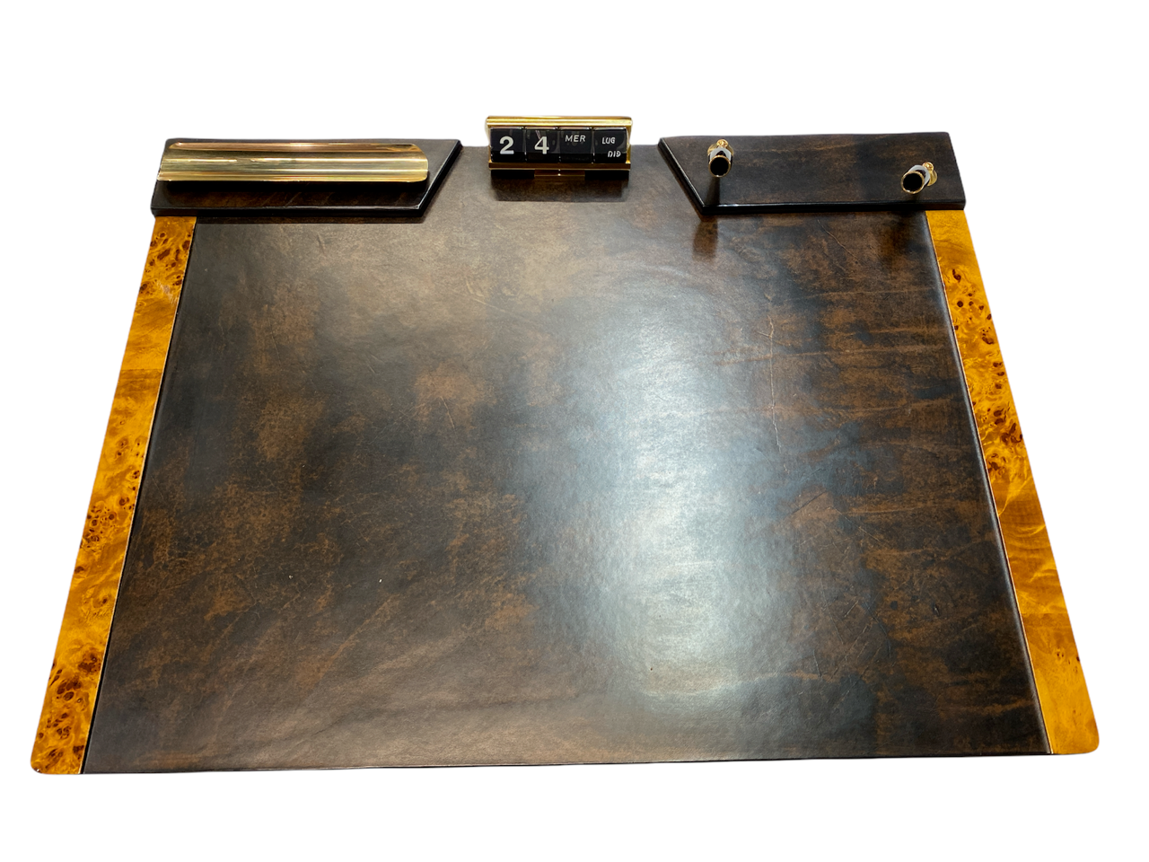 Servizio da scrittoio 5 pezzi in cuoio massello ottone e radica