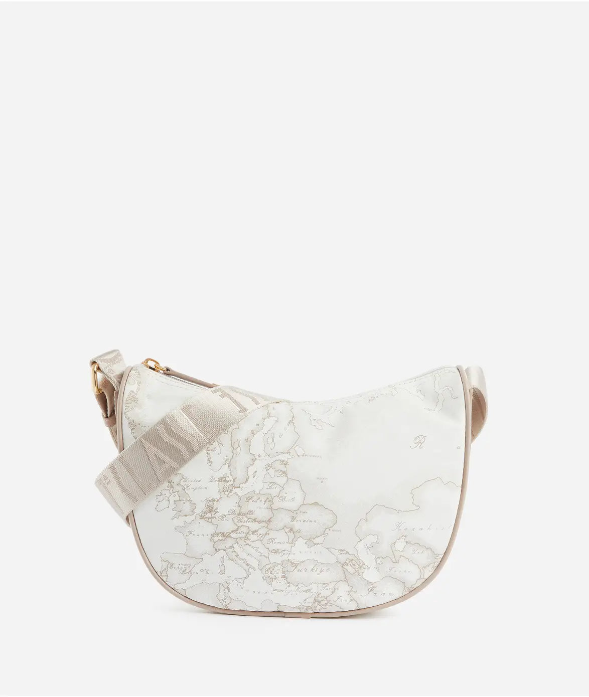 Tracolla a mezzaluna piccola in tessuto soft con stampa Geo White - Alviero Martini Prima Classe