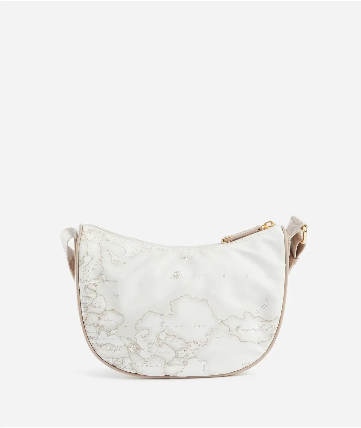 Tracolla a mezzaluna piccola in tessuto soft con stampa Geo White - Alviero Martini Prima Classe