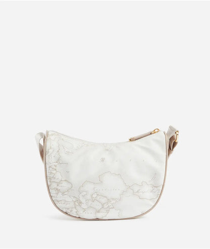 Tracolla a mezzaluna piccola in tessuto soft con stampa Geo White - Alviero Martini Prima Classe