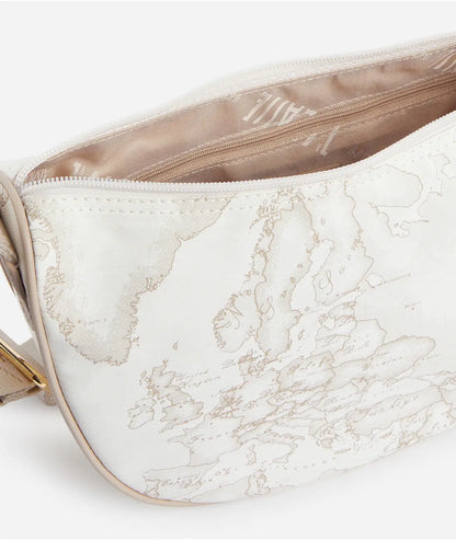 Tracolla a mezzaluna piccola in tessuto soft con stampa Geo White - Alviero Martini Prima Classe