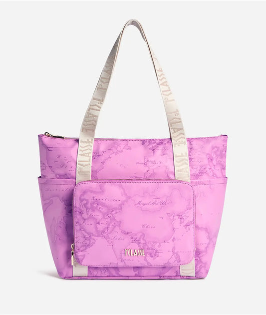 Borsa shopping ripiegabile in tessuto soft stampa Geo Color Malva