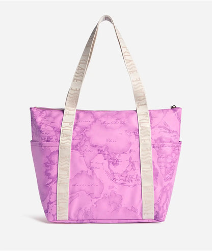 Borsa shopping ripiegabile in tessuto soft stampa Geo Color Malva