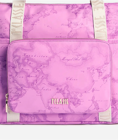 Borsa shopping ripiegabile in tessuto soft stampa Geo Color Malva