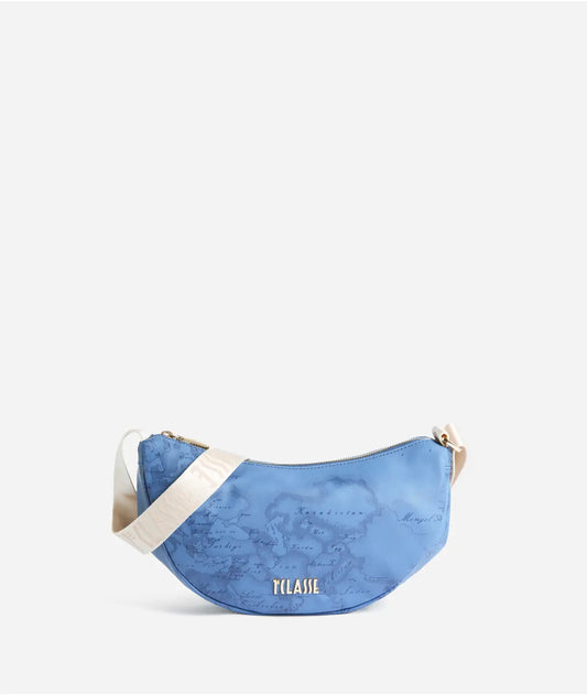 Borsa a tracolla a mezzaluna piccola in tessuto soft stampa Geo Color Jeans