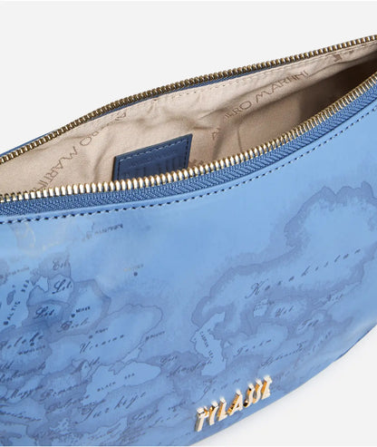 Borsa a tracolla a mezzaluna piccola in tessuto soft stampa Geo Color Jeans