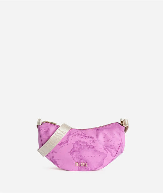 Borsa a tracolla a mezzaluna piccola in tessuto soft stampa Geo Color Malva