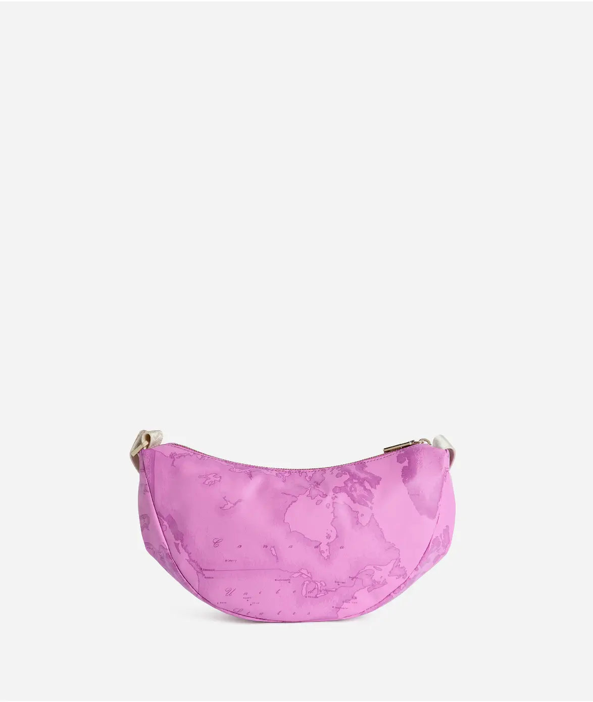 Borsa a tracolla a mezzaluna piccola in tessuto soft stampa Geo Color Malva