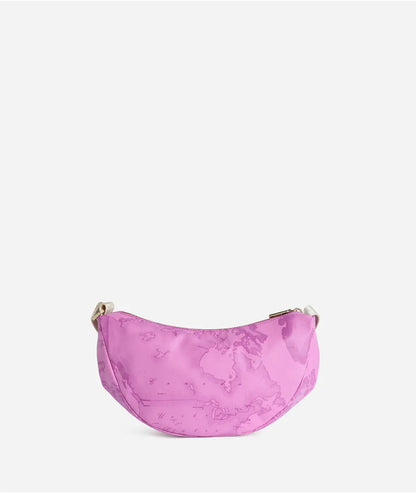 Borsa a tracolla a mezzaluna piccola in tessuto soft stampa Geo Color Malva