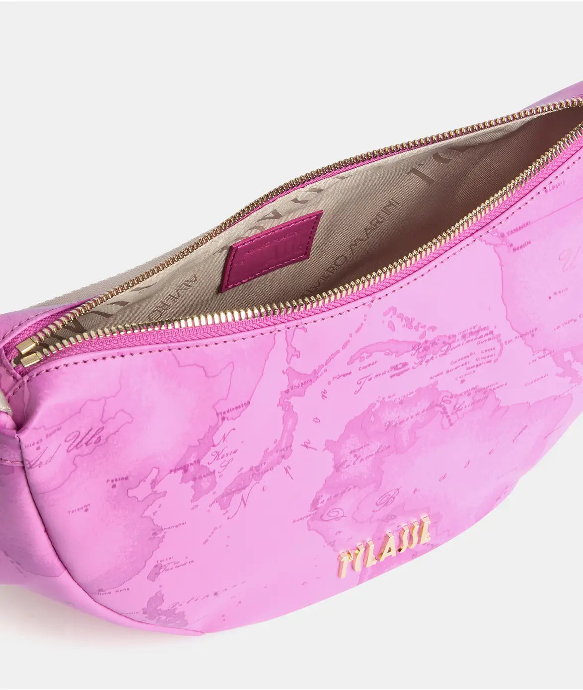 Borsa a tracolla a mezzaluna piccola in tessuto soft stampa Geo Color Malva