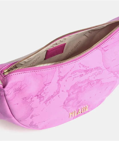 Borsa a tracolla a mezzaluna piccola in tessuto soft stampa Geo Color Malva