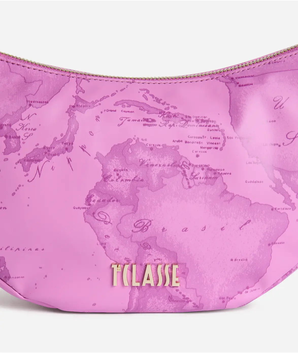 Borsa a tracolla a mezzaluna piccola in tessuto soft stampa Geo Color Malva