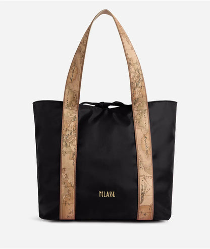 Borsa shopping reversibile in nylon e tessuto soft stampa Geo Classic Nero