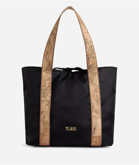 Borsa shopping reversibile in nylon e tessuto soft stampa Geo Classic Nero