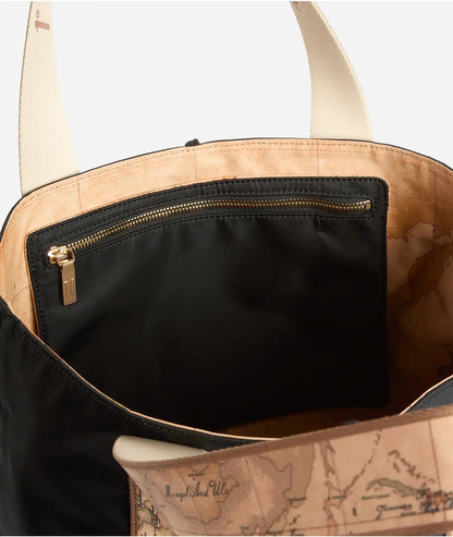 Borsa shopping reversibile in nylon e tessuto soft stampa Geo Classic Nero