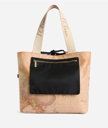 Borsa shopping reversibile in nylon e tessuto soft stampa Geo Classic Nero