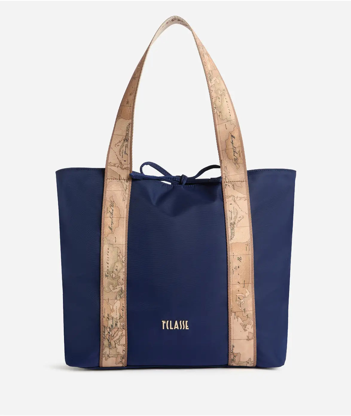 Borsa shopping reversibile in nylon e tessuto soft stampa Geo Classic Blu Notte