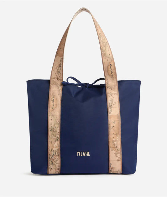 Borsa shopping reversibile in nylon e tessuto soft stampa Geo Classic Blu Notte