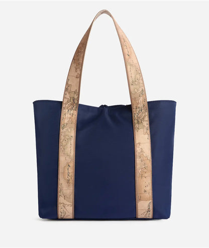 Borsa shopping reversibile in nylon e tessuto soft stampa Geo Classic Blu Notte