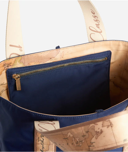 Borsa shopping reversibile in nylon e tessuto soft stampa Geo Classic Blu Notte