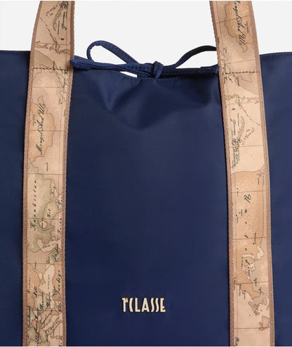 Borsa shopping reversibile in nylon e tessuto soft stampa Geo Classic Blu Notte