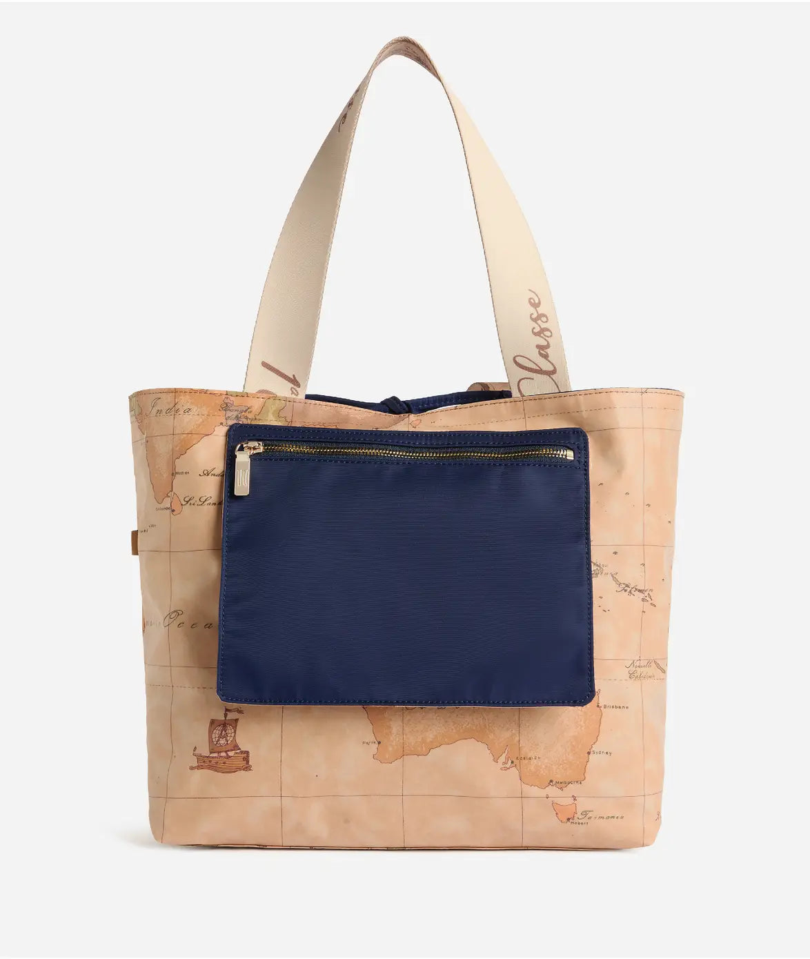 Borsa shopping reversibile in nylon e tessuto soft stampa Geo Classic Blu Notte