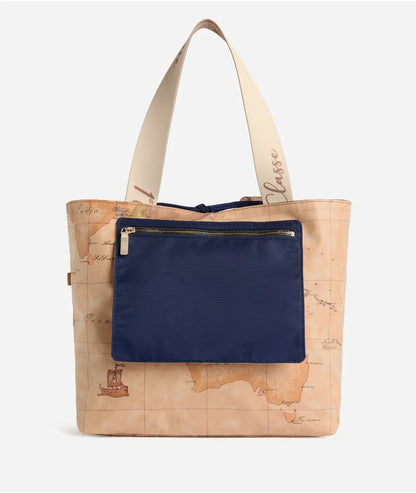 Borsa shopping reversibile in nylon e tessuto soft stampa Geo Classic Blu Notte