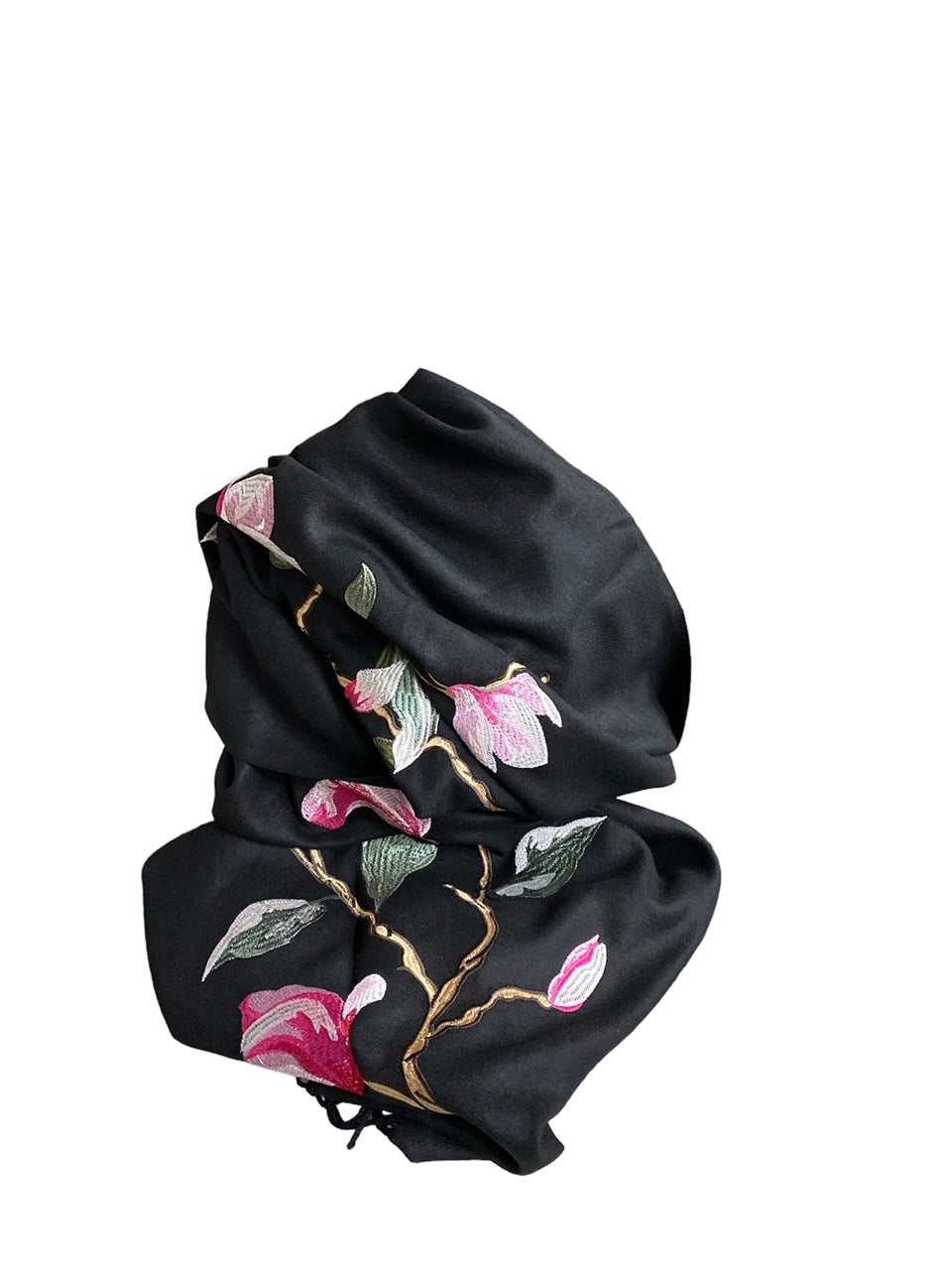 Stola donna nera con fiori ricamati  70 x 180 cm  - Acquamarine Collection
